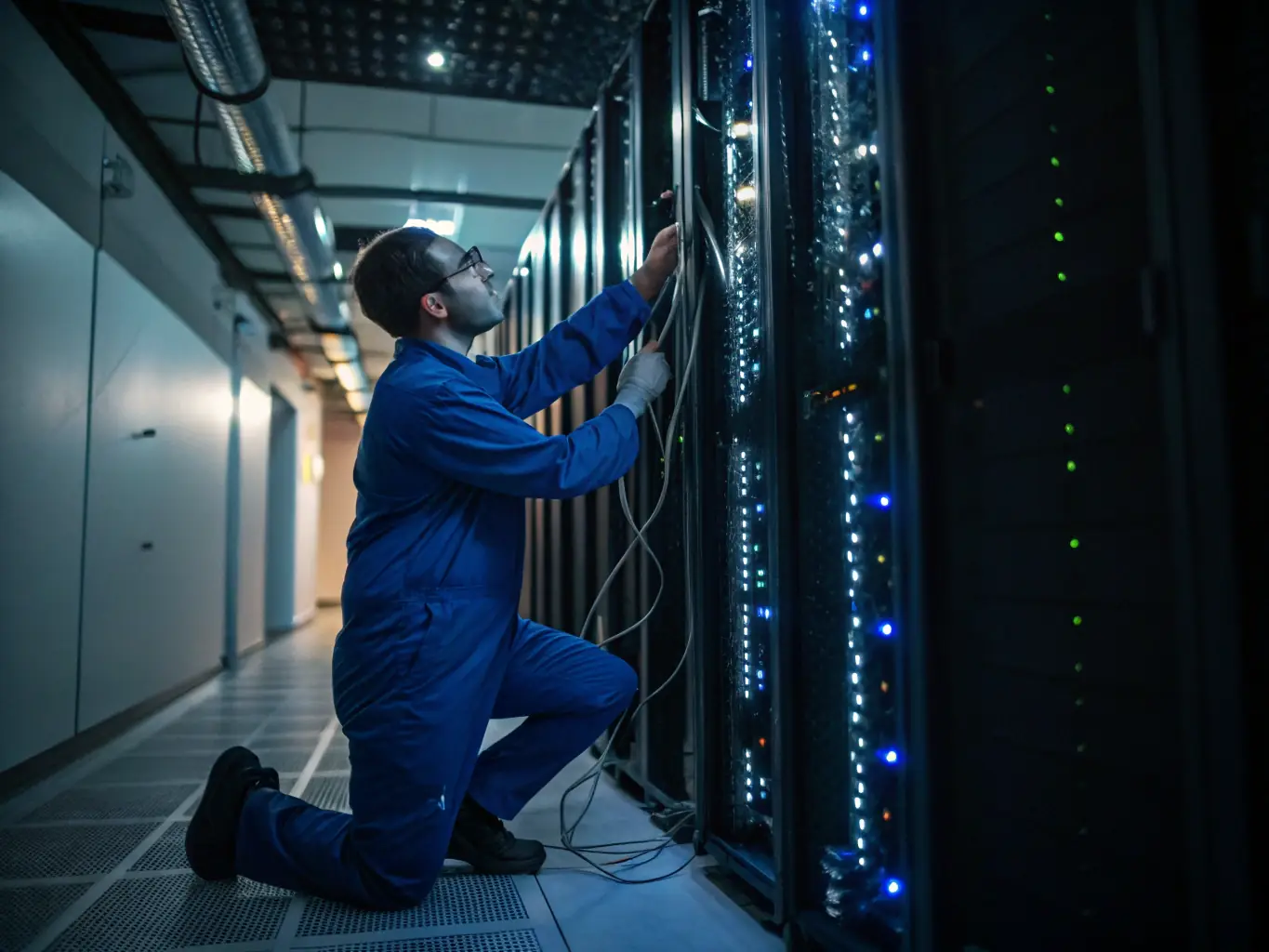 A professional IT technician installing a Tandberg Data tape drive in a server rack, showcasing the installation service.