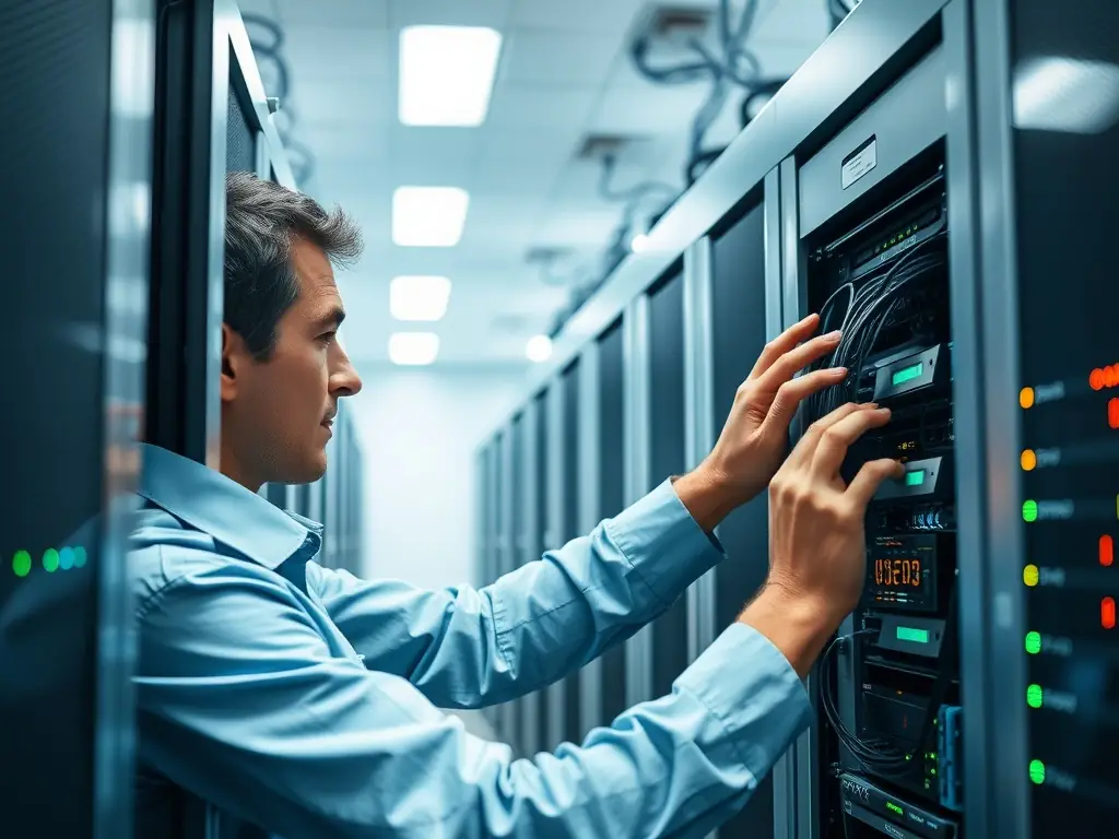 A technician performing routine maintenance on a Tandberg Data autoloader, highlighting the maintenance service.